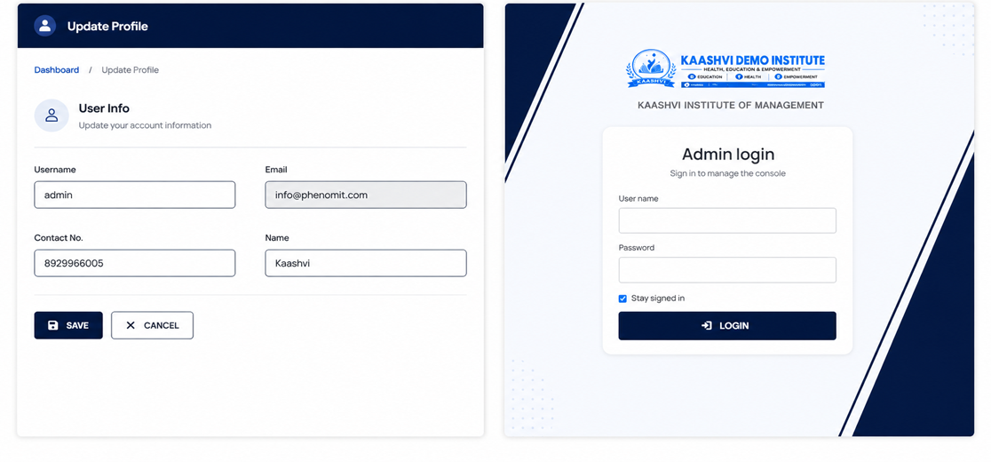Admin login and profile