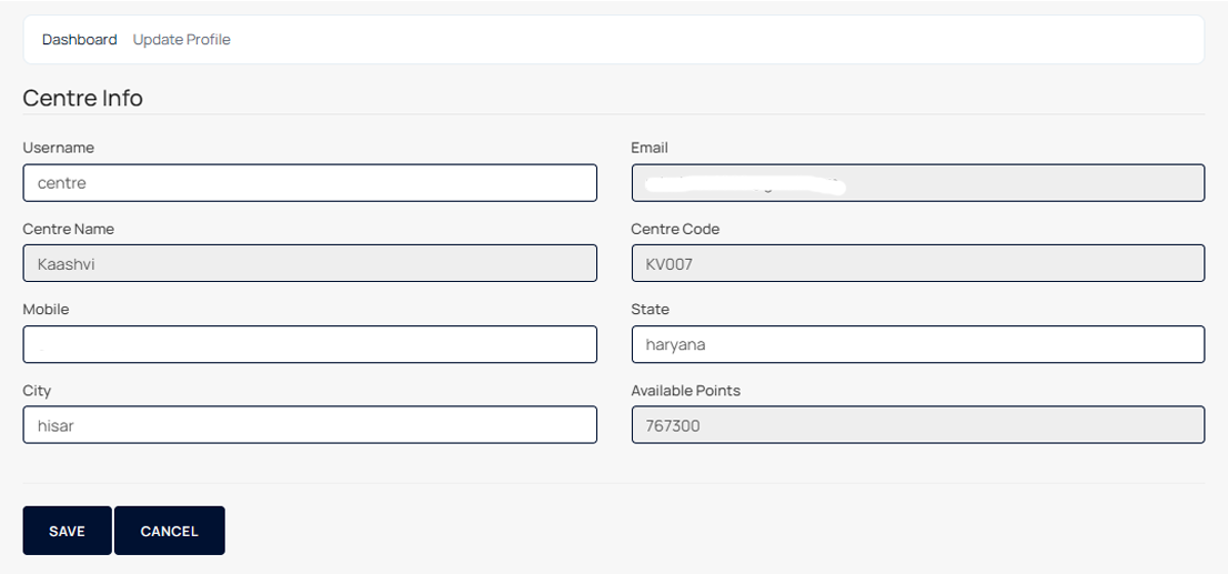 Centre login and profile