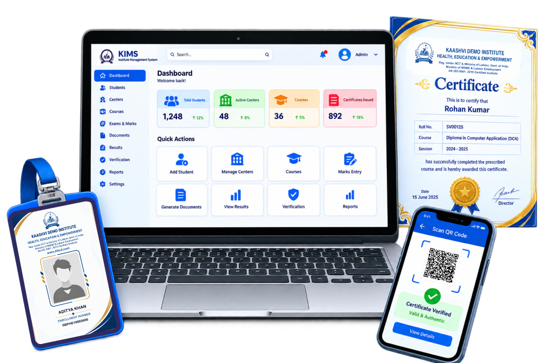 Kaashvi Institute Management System dashboard, student ID card and certificates