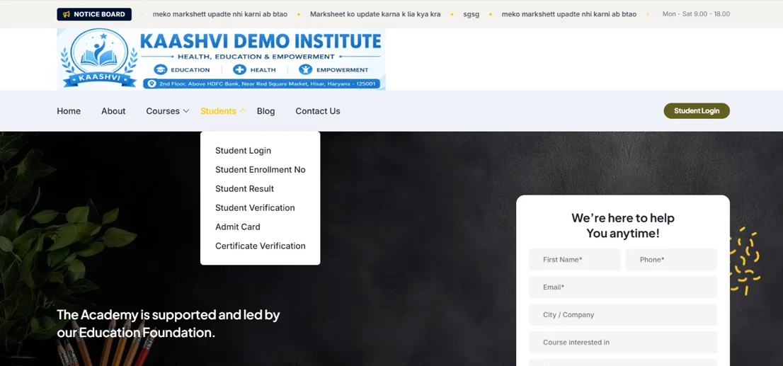 Student result on website