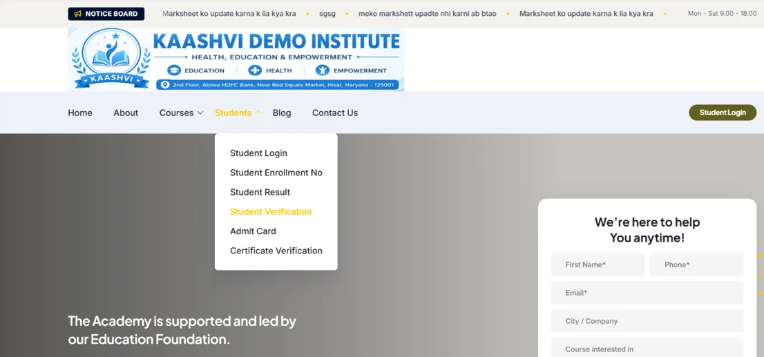 Student verification on website