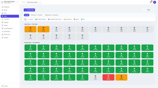 LibControl live seat map with colour-coded occupied and vacant seats