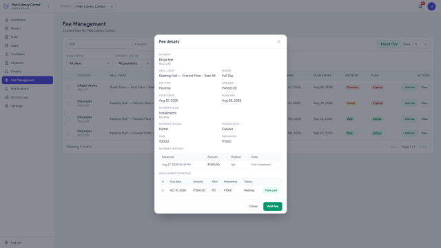 LibSpace fee management with plans, partial payments, and dues tracking