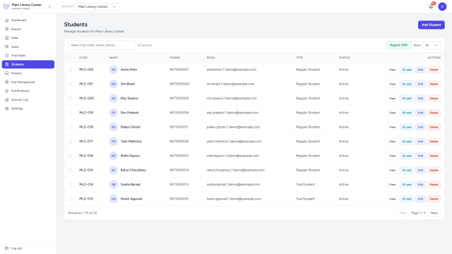 LibSpace student registry with member codes, documents, and status