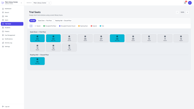 LibSpace trial seat management with duration tracking and map view